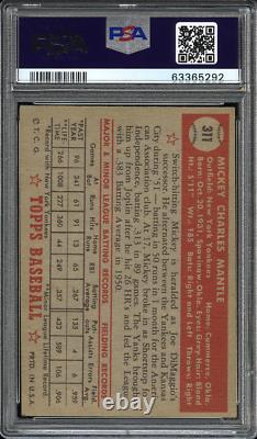 1952 Topps Baseball Card #311 Mickey Mantle Graded Psa 5 Ex Beautiful Card