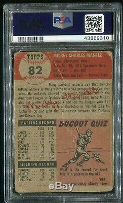 1953 Topps Baseball Mickey Mantle Card #82 NY Yankees HOF Hot Card Graded PSA 1