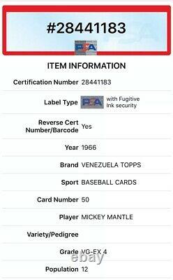 1966 Topps Venezuela Mickey Mantle #50 PSA 4 Low Pop NY Yankees Venezuelan RARE