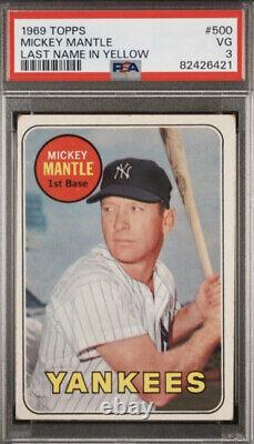 1969 Topps #500A Mickey Mantle Last name in Yellow Graded PSA 3