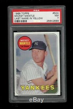1969 Topps BB Card #500 Mickey Mantle Yankees LAST NAME IN YELLOW PSA NM 7