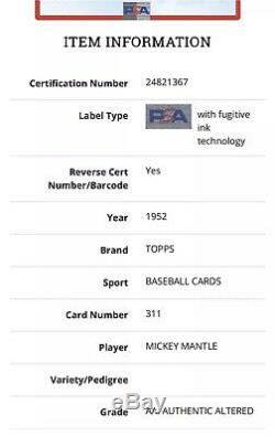 Mickey Mantle 1952 Topps PSA Authentic #311 RC Rookie (Looks like VG 3) Bonus